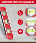 9 Inch Magnetic Torpedo Level with Overhead Viewing Window and 3 Bubbles for 45 Degree 90 Degree 180 Degree Readings