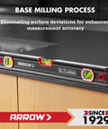 16-Inch Magnetic Torpedo Level With 3 High-Visibility Vials For 45 90 And 180 Degree Readings, Fluorescent Windows, Aluminum Alloy Body, Precision-Milled Base, Shockproof End Caps, V-Groove And Hanging Hole For Construction And Carpentry, shown on a wooden surface.
