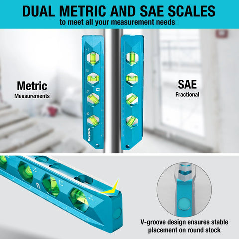 High Visibility 8 Inch Magnetic Torpedo Level With Four Bubbles 0 Degree 30 Degree 45 Degree And 90 Degree V Groove Large Viewing Window Aluminum Alloy Body Hanging Hole SAE And Metric Scale For DIYers And Home Projects Duratech.