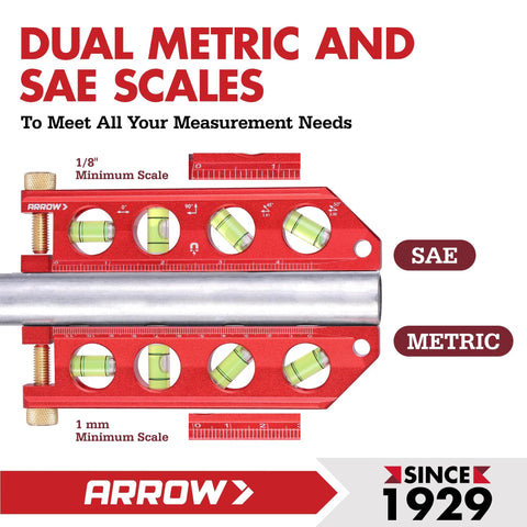 Compact 6.3 inch magnetic torpedo level with top view windows, aluminum frame, dual metric and SAE scales shown on pipe