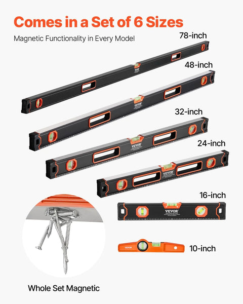 Six Piece All Magnetic Torpedo Level Set With Aluminum Alloy Box Leveler Includes 10 To 78 Inch Levels SAE And Metric Scales Three Vials For Accurate 45 90 And 180 Degree Measurements Shock Resistant Construction showing various level sizes.