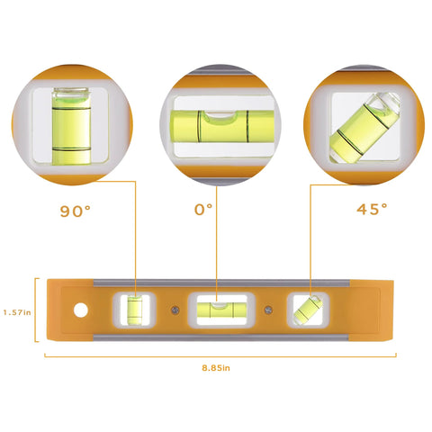Nine Inch Magnetic Torpedo Level With Three Bubble Vials For Horizontal Vertical And 45 Degree Readings Shock Resistant ABS Frame
