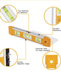 Nine Inch Magnetic Torpedo Level With Three Bubble Vials For Horizontal Vertical And 45 Degree Readings Shock Resistant ABS Frame Heavy Duty Magnetic Base Bright Orange On Site Construction And Woodworking Tool For Precise Layouts shown with features labeled