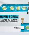 Magnetic 6.25 Inch Torpedo Level With 0 Degree 30 Degree 45 Degree 90 Degree Bubbles V Groove Large Viewing Window Aluminum Alloy Body Hanging Hole SAE And Metric Scale For DIY Projects And Home Use Duratech with thumb screw attached to conduit.