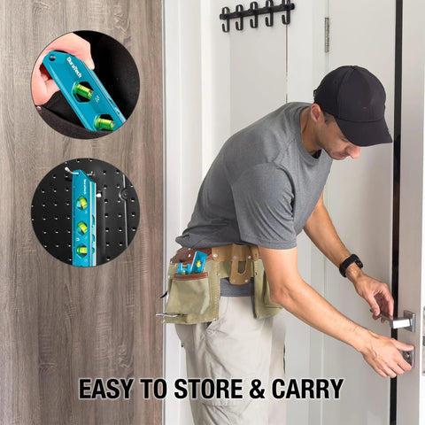Person using High Visibility 8 Inch Magnetic Torpedo Level With Four Bubbles 0 Degree 30 Degree 45 Degree And 90 Degree on door