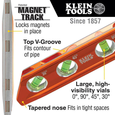 Compact 6-Inch magnetic torpedo level with a V-groove for conduit work, featuring 0/30/45/90 degree vial markers and magnet track.
