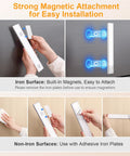 10.2 Inch Under Cabinet Lighting Kit Rechargeable 2 Pack with Magnetic Installation, showing attachment methods for iron and non-iron surfaces