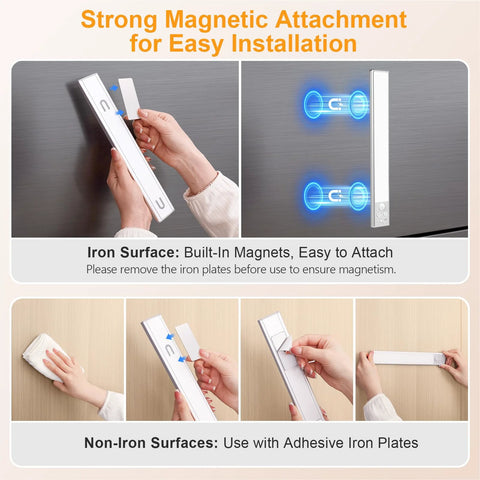 10.2 Inch Under Cabinet Lighting Kit Rechargeable 2 Pack with Magnetic Installation, showing attachment methods for iron and non-iron surfaces