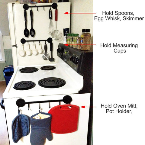 6 Hooks Magnetic Utensil Holder Untensil Rack Tool Hanger Organizer for Refrigerator with pots, mitts, and spoons