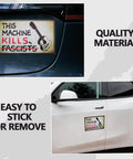 This Machine Kills Fascists Sticker Magnetic Vinyl Bumper Decal For Car Fridge Window And Metal Surfaces 8 By 4.8 Inches Weatherproof Outdoor Durable Car Magnet shown installed on car doors, highlighting quality material and easy application.