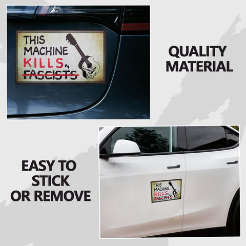 This Machine Kills Fascists Sticker Magnetic Vinyl Bumper Decal For Car Fridge Window And Metal Surfaces 8 By 4.8 Inches Weatherproof Outdoor Durable Car Magnet shown installed on car doors, highlighting quality material and easy application.