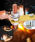 Close-up of 2 Pack Magnetic Welding Ground Clamps with Conductive Rods and Copper Tails, showing strong suction and durable magnet head.