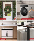 Collage of magnetic home organizers: wreath hanger on door, hanger holder in laundry, towel holder on dishwasher, headphone holder on desk.