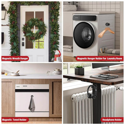 Collage of magnetic home organizers: wreath hanger on door, hanger holder in laundry, towel holder on dishwasher, headphone holder on desk.