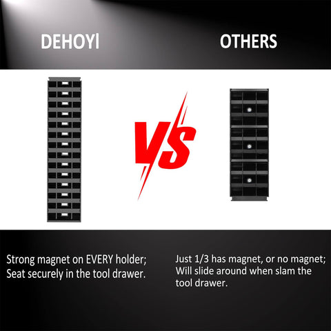 Comparison of 48 Piece Magnetic Wrench Organizer Set With Metric And SAE Labels For Tool Drawers versus competitor organizer.