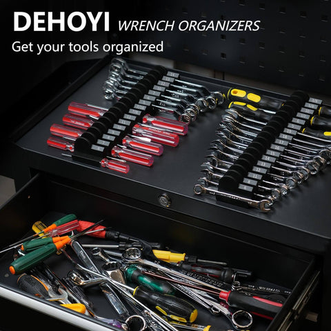 48 Piece Magnetic Wrench Organizer Set With Metric And SAE Labels For Tool Drawers, neatly organizing wrenches in a tool drawer.