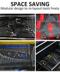 48 Piece Magnetic Wrench Organizer Set With Metric And SAE Labels For Tool Drawers showcased in different tool storage drawers.