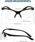 Magnifying Safety Glasses With UV Protection Z87.1 Frame 1.50 Diopter Lens, frame measurements shown, top view and side profile.