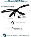 Diagram highlighting features of Magnifying Safety Glasses With UV Protection Z87.1 Frame 1.50 Diopter Lens, including wrap-around design.