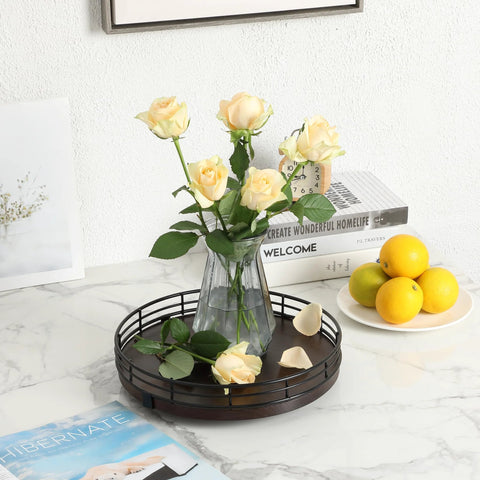 12 Inch Dark Mahogany Lazy Susan Turntable Organizer With Black Metal Frame For Tabletop, vase with flowers on rotating tray
