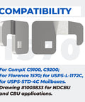 Durable mailbox lock cam replacement for CompX National C9100 C9200, Florence 1570F, USPS L-1172C CBU STD-4C shown in compatibility chart.