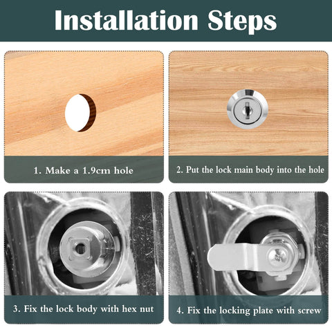 Installation steps for 16mm Mailbox Lock With 4 Keys And 4 Lock Plates Heavy Duty Cam Lever Locks for mailbox cabinet drawer.