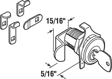 Effortless replacement mailbox lock that fits most brands, with 5 cams and NA-14 keyway, nickel finish, shown with components