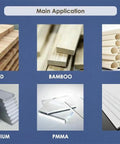 Collage of materials including wood, bamboo, PVC, aluminum, PMMA, and ABS for CNC spindle applications.
