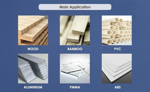 Collage of materials including wood, bamboo, PVC, aluminum, PMMA, and ABS for CNC spindle applications.