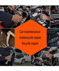 Collage of 46-piece car, bike, motorcycle repair tool set in use for maintenance