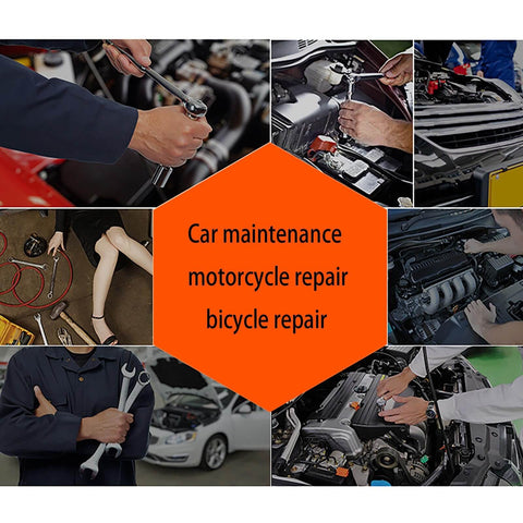 Collage of 46-piece car, bike, motorcycle repair tool set in use for maintenance