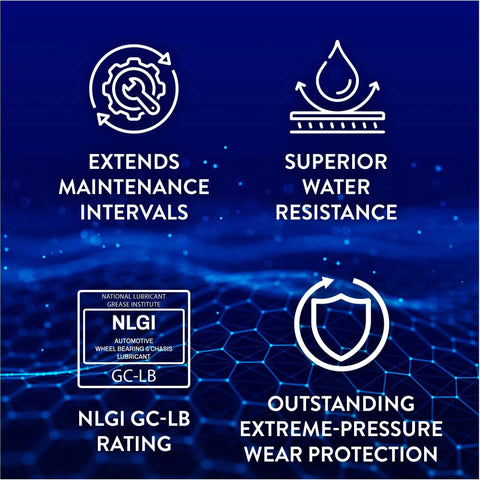 Product benefits of AtomLube Ultra Heavy Duty Red Grease, 2-Pack of 14 Oz. Tubes, including water resistance and NLGI GC-LB rating.