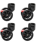 Four Pack 360 Degree Swivel Replacement Wheel Caster With Locking Brake For Makeup Train Case, black plastic, red brakes.