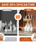 Before and after of 360 Degree Rotating Makeup Organizer and Storage for Vanity and Countertop High Capacity Cosmetic Skincare and Perfume Organizer with Two Tiers in Clear White Lazy Susan for Dresser showing organized cosmetics.