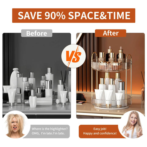 Before and after of 360 Degree Rotating Makeup Organizer and Storage for Vanity and Countertop High Capacity Cosmetic Skincare and Perfume Organizer with Two Tiers in Clear White Lazy Susan for Dresser showing organized cosmetics.