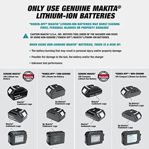 Comparison of genuine Makita lithium-ion batteries and non-genuine alternatives, highlighting risks and safety warnings.