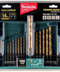 Makita Impact Gold 14-Piece Titanium Drill Bit Set With Quarter Inch Hex Shanks For Metal Wood Plastic Stainless Steel packaging