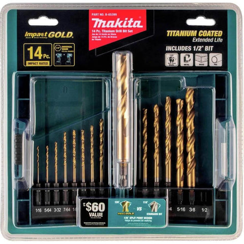 Makita Impact Gold 14-Piece Titanium Drill Bit Set With Quarter Inch Hex Shanks For Metal Wood Plastic Stainless Steel packaging