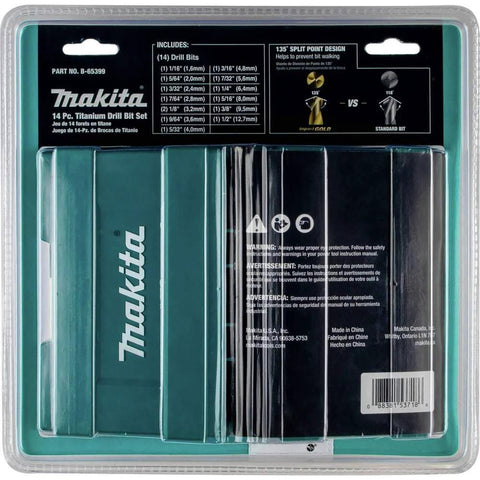 Makita Impact Gold 14-Piece Titanium Drill Bit Set With Quarter Inch Hex Shanks packaging showing details and specifications