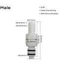 Plastic Hose Barb In Line Quick Connector Set Must Have With Shut Off Valves One Pair Male And Female Vacuum Disconnect Coupling Quick Release Fittings For Insert Tubing One Quarter Inch Three Eighths Inch And Five Sixteenths Inch, shown as a male connector with measurements.