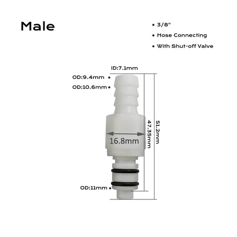 Plastic Hose Barb In Line Quick Connector Set Must Have With Shut Off Valves One Pair Male And Female Vacuum Disconnect Coupling Quick Release Fittings For Insert Tubing One Quarter Inch Three Eighths Inch And Five Sixteenths Inch, shown as a male connector with measurements.