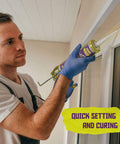 Man applying Black Silicone Sealant Caulk One Hundred Percent RTV Waterproof Flexible Sealant For Indoor Outdoor Use to window frame