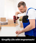 Man assembling furniture with a drill in a living room, focusing on DIY home improvement skills.