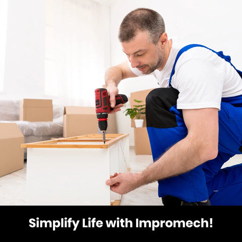Man assembling furniture with a drill in a living room, focusing on DIY home improvement skills.