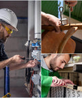 Three workers performing different maintenance tasks, including electrical wiring, furniture assembly, and fabric attachment.