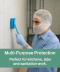 Worker wearing Disposable Bouffant Hood Breathable Polypropylene Hair Cover For Medical Food Processing And Cleanrooms cleaning wall
