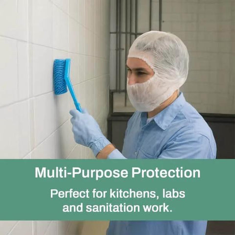 Worker wearing Disposable Bouffant Hood Breathable Polypropylene Hair Cover For Medical Food Processing And Cleanrooms cleaning wall