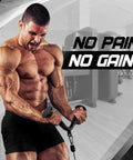 Man using Combo Cable Attachment Set in gym with 'No Pain, No Gain' text