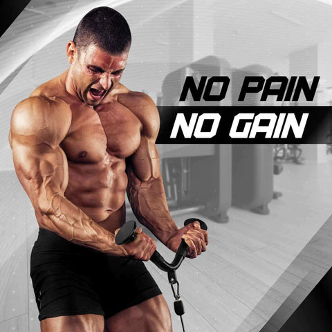 Man using Combo Cable Attachment Set in gym with 'No Pain, No Gain' text