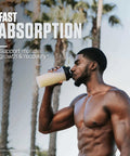 Person drinking a protein shake outdoors with text promoting fast absorption and muscle recovery. Relevant to Hydrolyzed Whey Isolate Protein Powder With 25g Protein And 5.5g BCAAs Per Serving, Gluten Free And Fast Absorbing, Easy Digesting Gourmet Chocolate 3 Pound Canister.